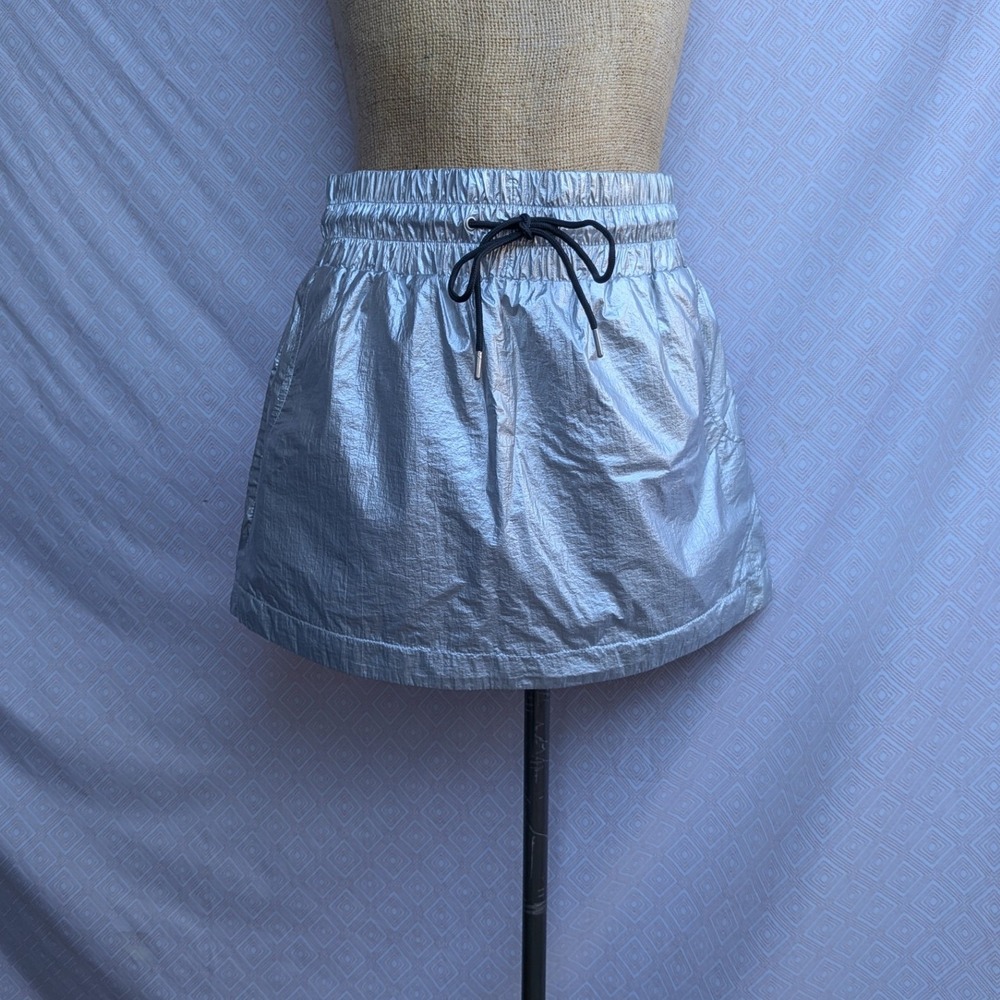 Metallic Mini Skirt Womens Silver Excellent Elastic Drawstring Pockets Y2K